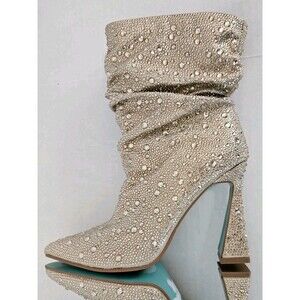 Betsey Johnson Mac Slouch Ankle Boot Soft Gold Glass Rhinestone Crusted Sz 6 M